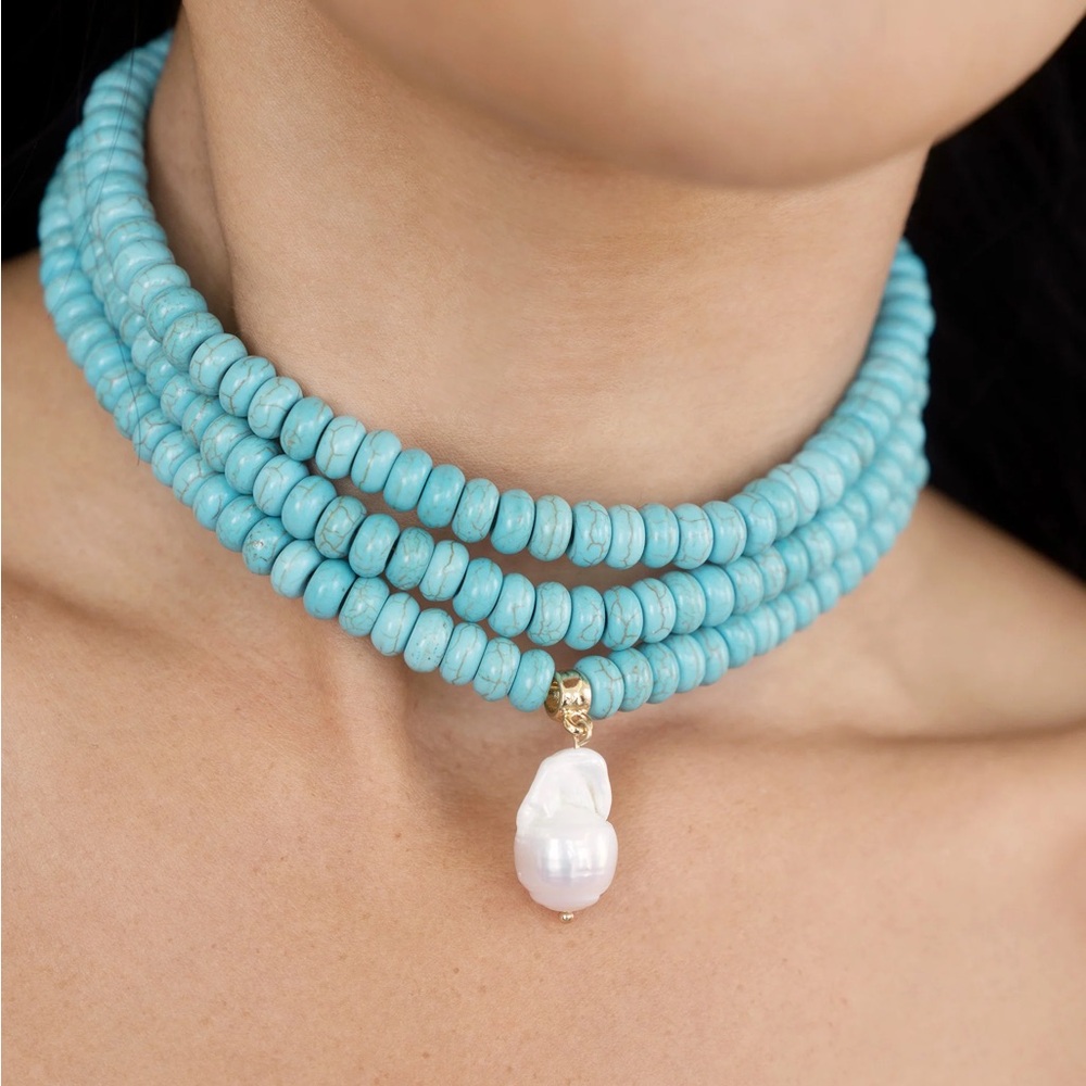 ettika Turquoise Multi-Strand Beaded Choker with Baroque Pearl Charm